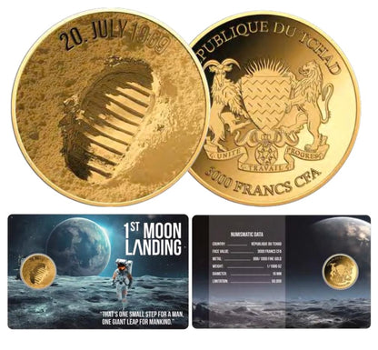 Chad - MOON LANDING Round Shaped Commemorative Gold Coin in Card image 1