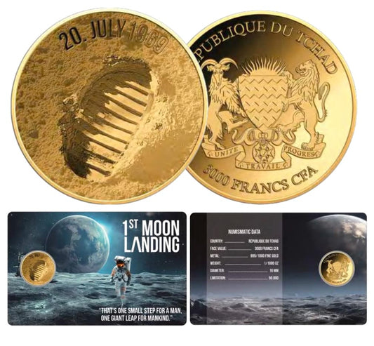 Chad - MOON LANDING Round Shaped Commemorative Gold Coin in Card image 1