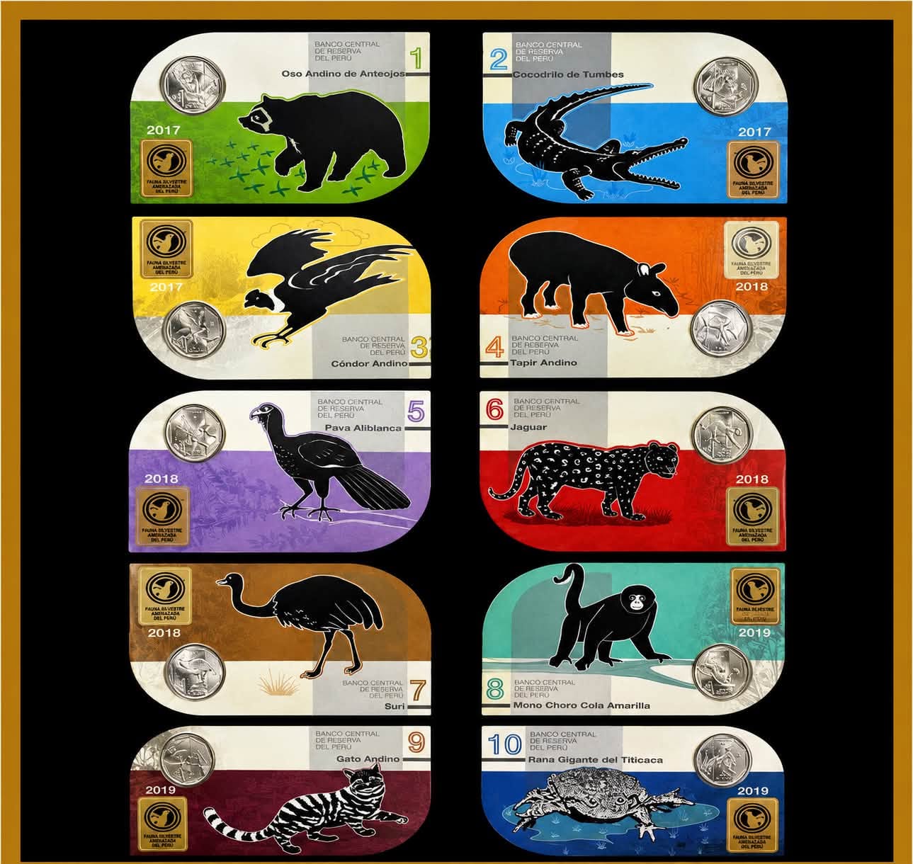 2017–2019 Peru - 1 Sol*10 Coins - “Endangered Wildlife of Peru” Coin Card Collection – Complete 10 Coin Set