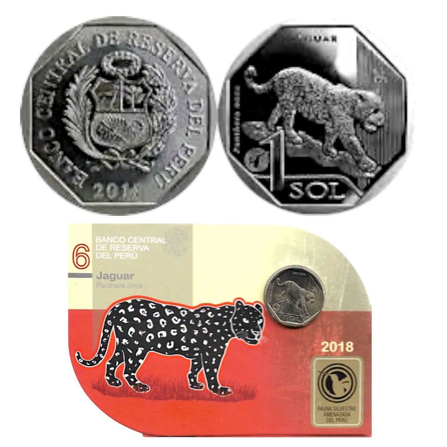 2018 Peru - 1 Sol - Jaguar 06/10 – Endangered Wildlife of Peru Coin Card