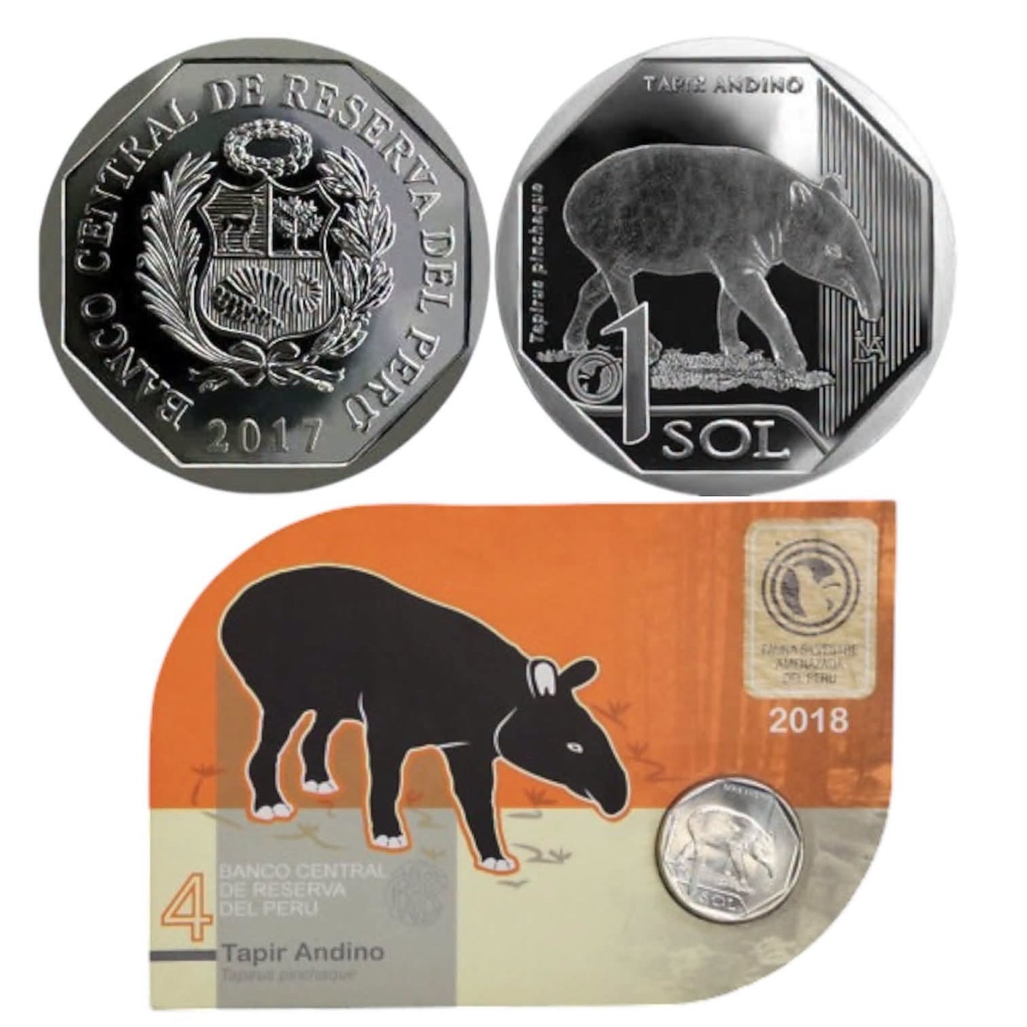 2017 Peru - 1 Sol - Andean Tapir 04/10 – Endangered Wildlife of Peru Coin Card