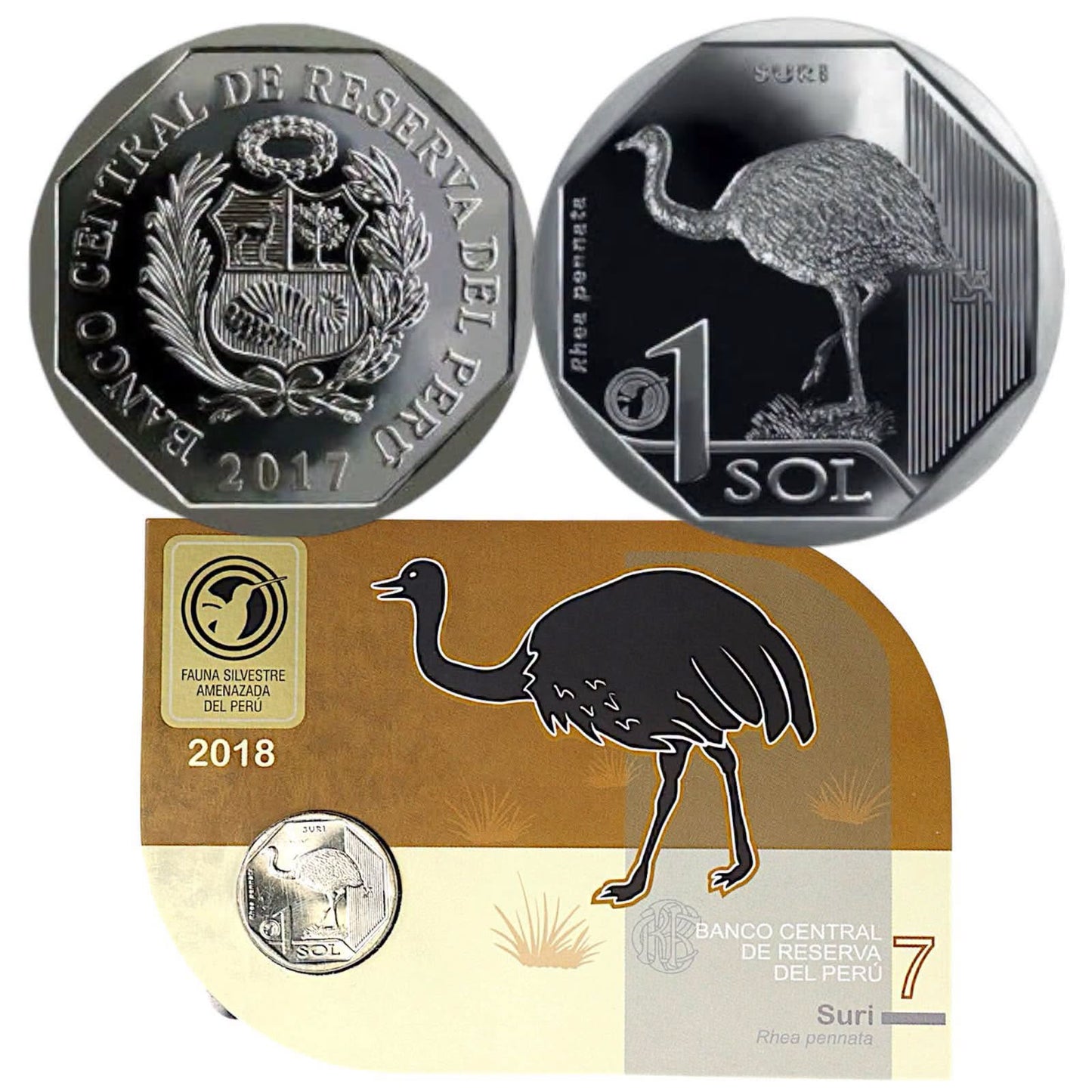 2018 Peru - 1 Sol - Lesser Rhea 07/10 – Endangered Wildlife of Peru Coin Card