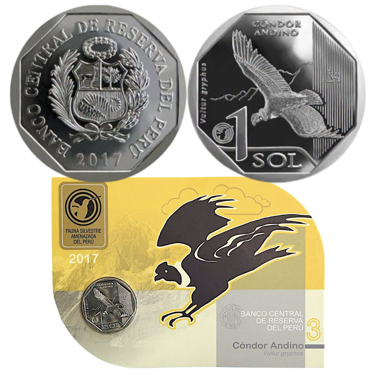 2017 Peru - 1 Sol - Andean Condor 03/10 – Endangered Wildlife of Peru Coin Card