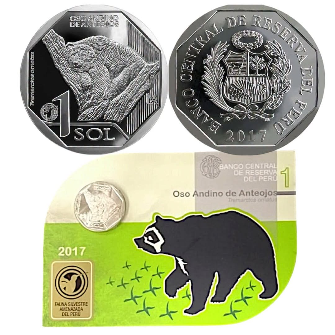 2017 Peru - 1 Sol - Spectacled Bear 01/10 – Endangered Wildlife of Peru Coin Card