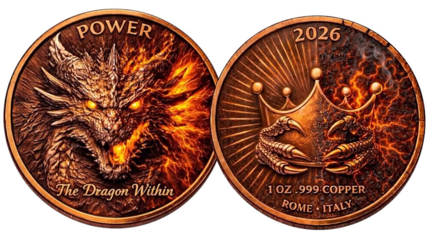 1 Troy Ounce - Virtues Series – Power: The Dragon Within Copper Round