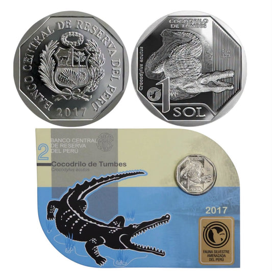 2017 Peru - 1 Sol - Tumbes Crocodile 02/10 – Endangered Wildlife of Peru Coin Card