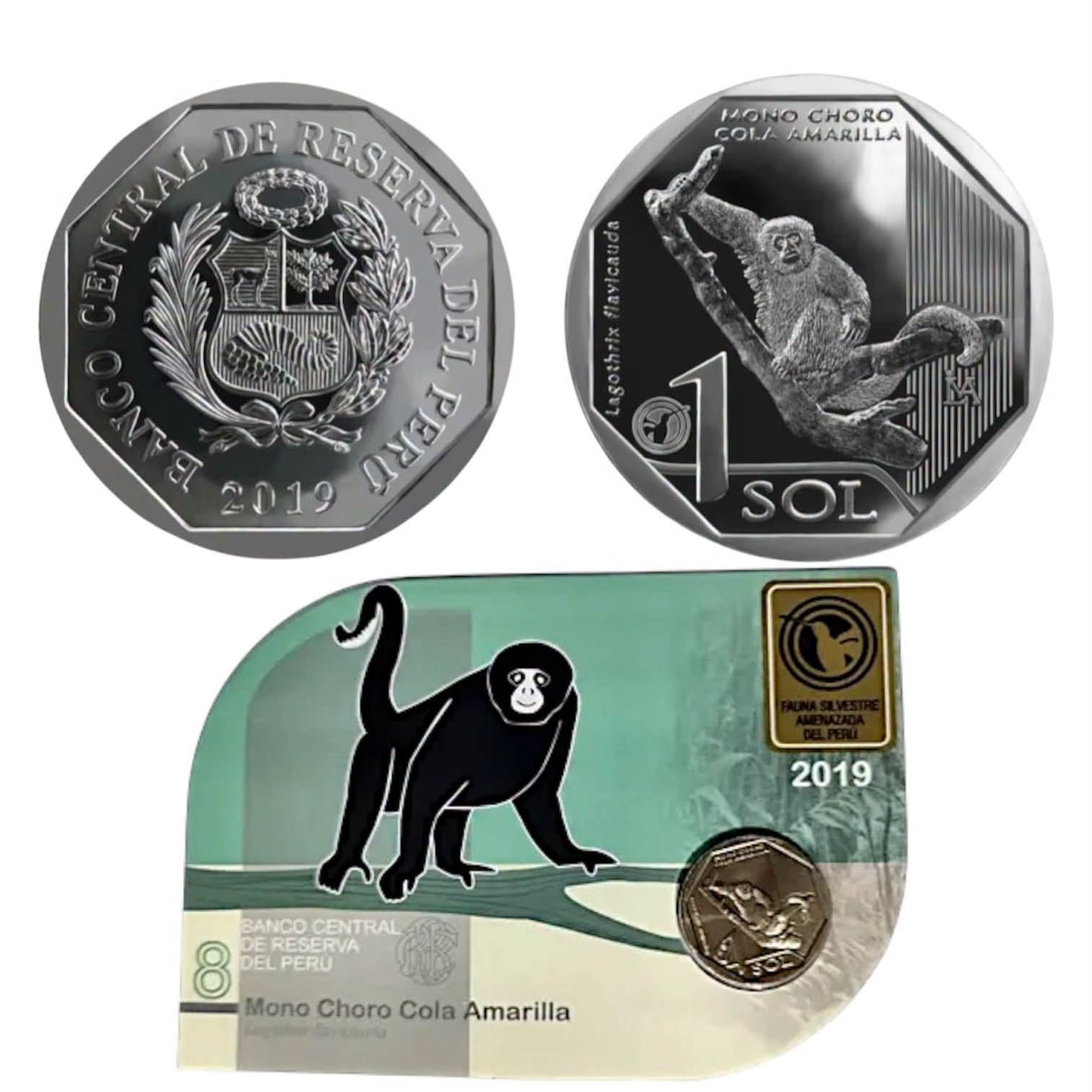 2019 Peru - 1 Sol - Yellow-tailed Woolly Monkey 08/10 – Endangered Wildlife of Peru Coin Card
