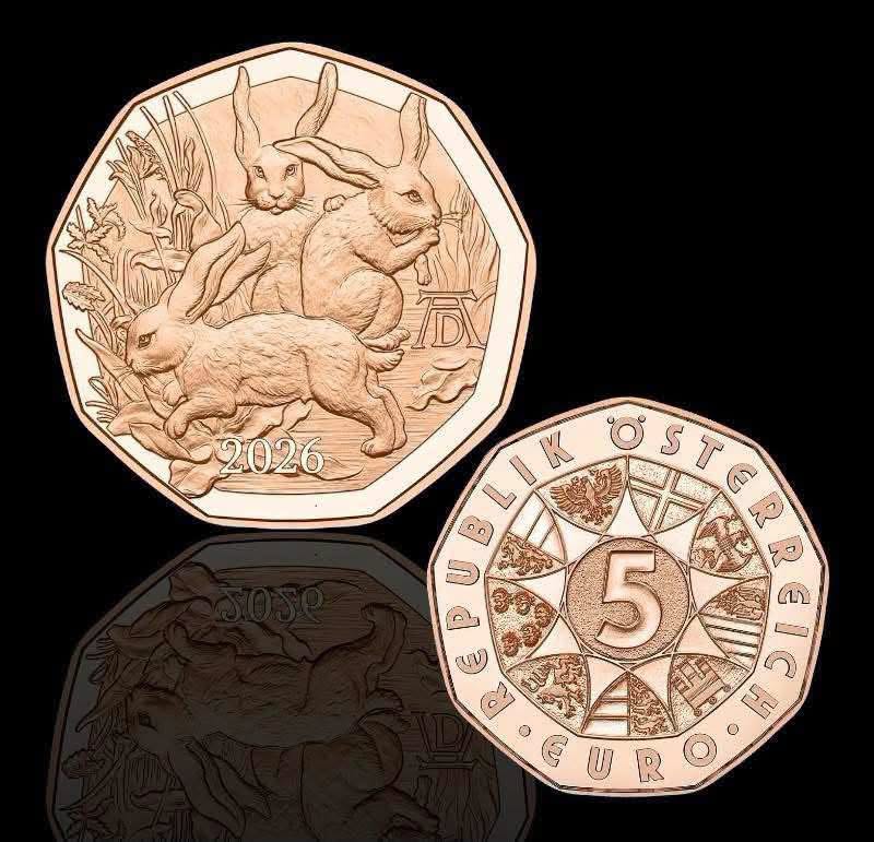 2026 Austria - €5 - Dürer’s Three Bunnies – Austria Copper Coin