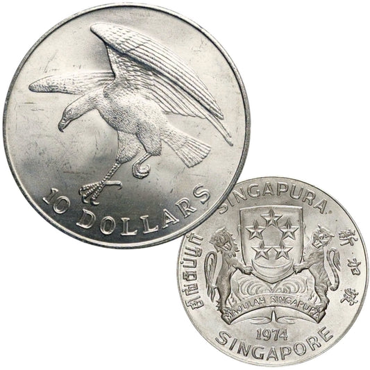 1974 Singapore - Vintage Singapore $10 Sea Eagle Silver Coin