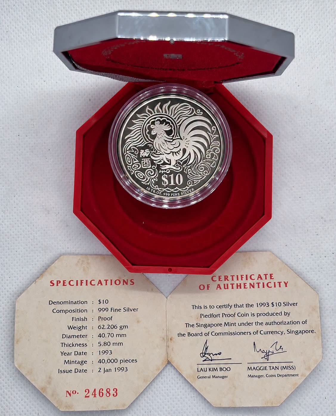 1993 Singapore - S$10 - 2 Oz – Year of the Rooster