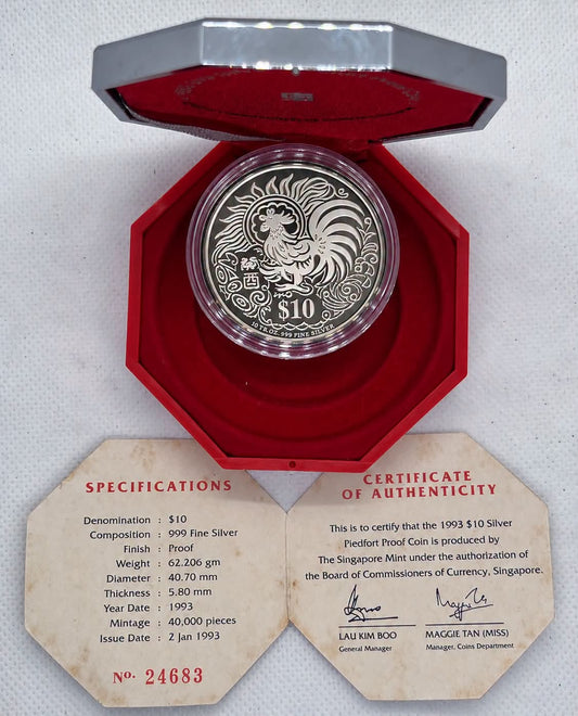 1993 Singapore - S$10 - 2 Oz – Year of the Rooster