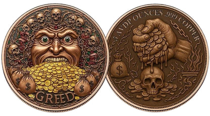 5 AVDP oz - Greed – Colorized Copper Round