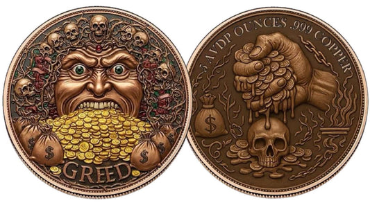 5 AVDP oz - Greed – Colorized Copper Round