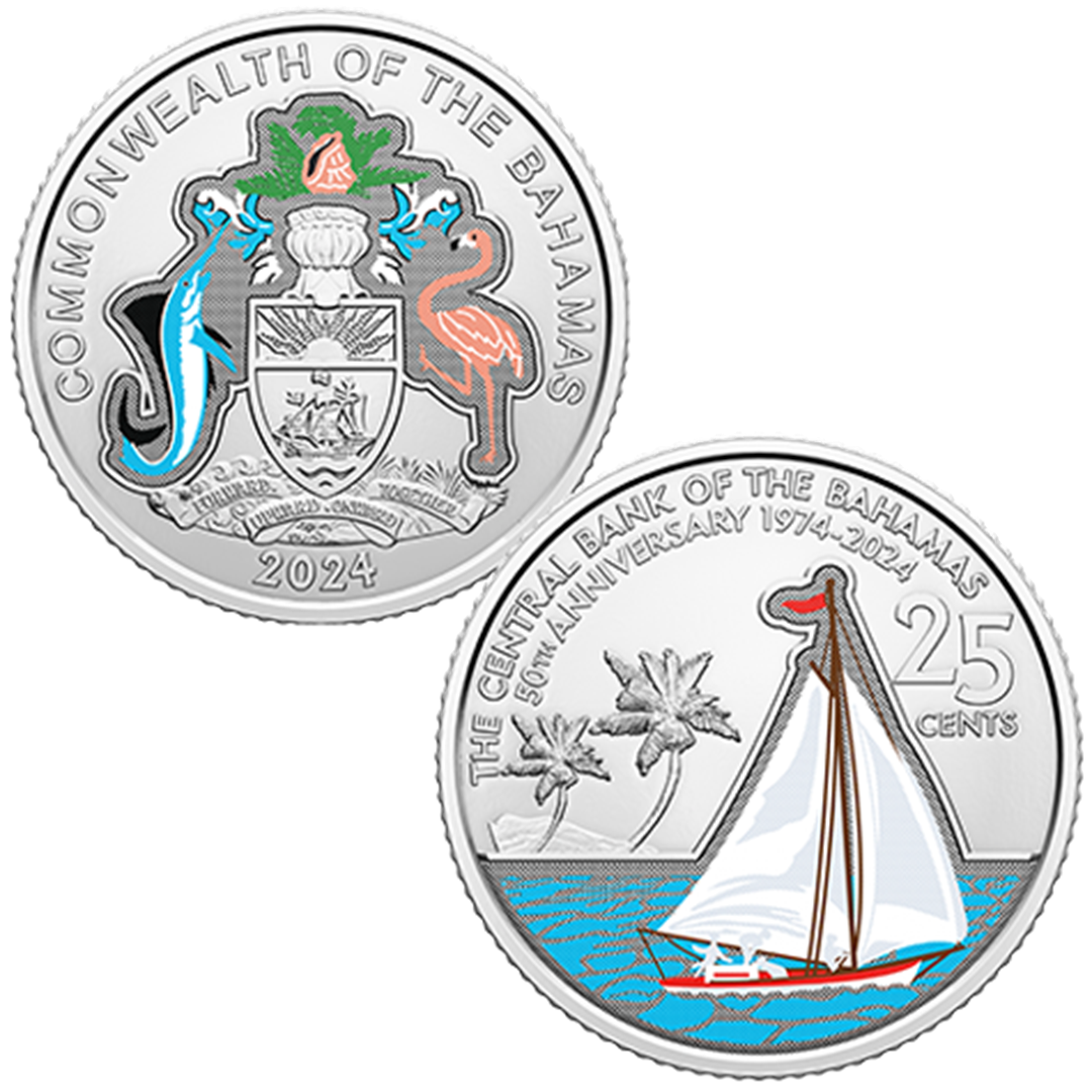 2024 Bahamas - 50 years of The Central Bank Colored BU coin