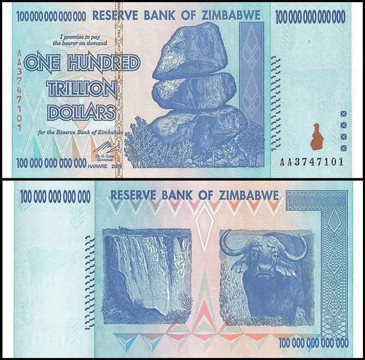 2008 Zimbabwe - World’s Highest Denomination –  100 Trillion Dollars – PMCS Graded Gem UNC 65+