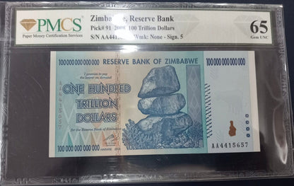 2008 Zimbabwe - World’s Highest Denomination –  100 Trillion Dollars – PMCS Graded Gem UNC 65+