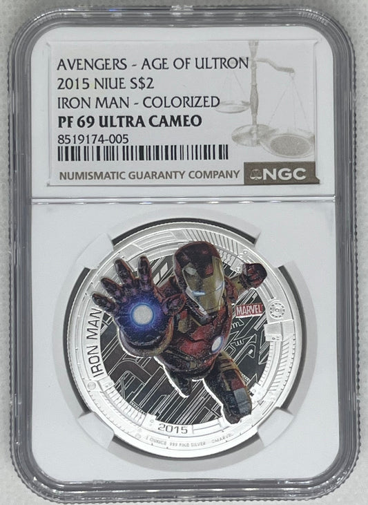 2015 Niue - 2 Dollars - 1 Oz - Iron Man (Avengers: Age of Ultron) Colorized Silver Coin – NGC PF69 UC