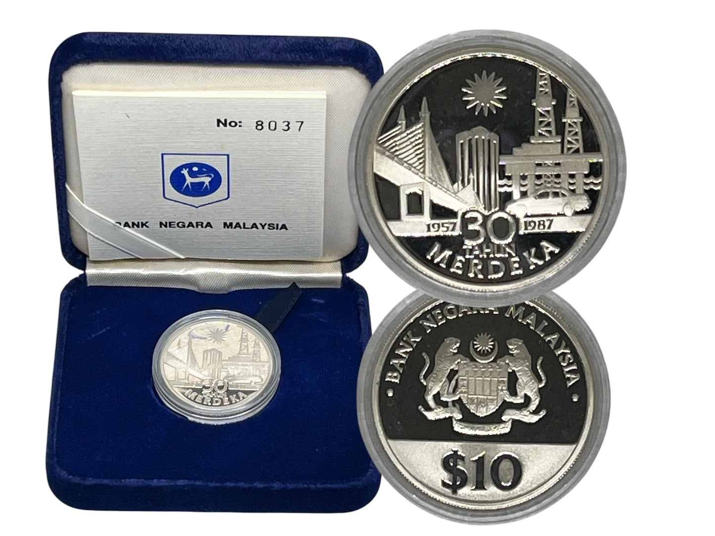 1987 Malaysia – 10 Ringgit - 30th anniversary of Malaysian Independence Silver Proof Coin