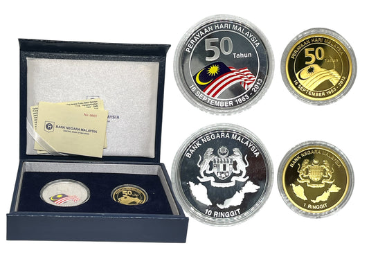 2013 Malaysia – 10 Ringgit & 1 Ringgit - Malaysia Day 50th Anniversary Silver Proof Coin Set