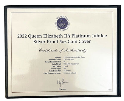 2022 Solomon Islands – 10 Dollars - Queen Elizabeth II Platinum Jubilee 5oz Silver Proof Coin Cover