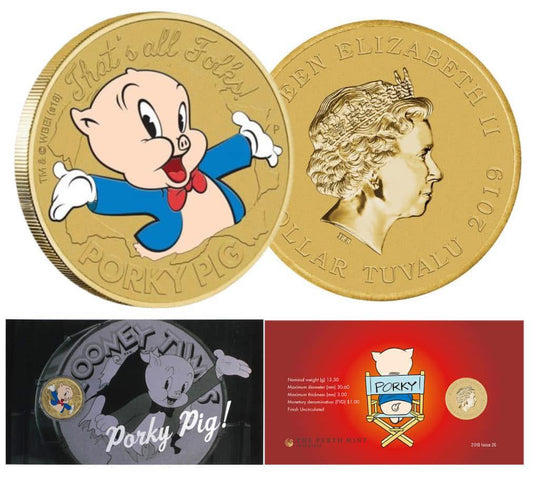 2019 Perth Mint - Looney Tunes - Porky Pig Colored UNC Coin Carded image 1