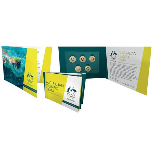 2016 - Australian Olympic Team - Swimming Cover - Five Colored Commemorative Coins Collection in Original Royal Australian Mint Pack image 0