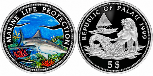1999 Palau - $5 - White Shark - Marine Life Protection Colorized Silver Coin