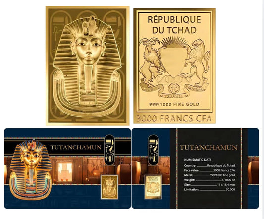 Chad – TUTANCHAMUN Rectangular Shaped Commemorative Gold Coin in Card image 1