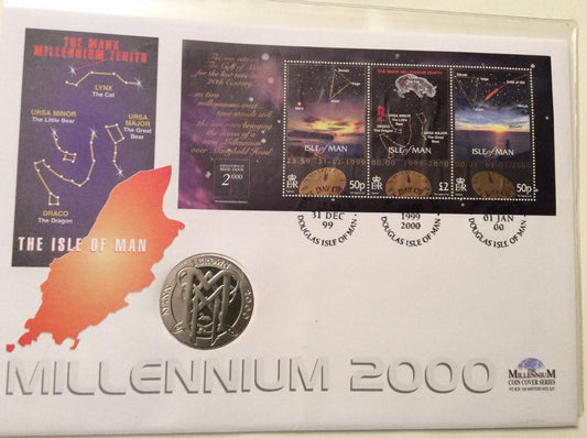 2000 Isle of Man - 1 Crown  - Triple-Postmarked Stamps & 1 Crown Mann Millennium Coin FDC