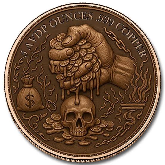 5 AVDP oz - Greed – Colorized Copper Round