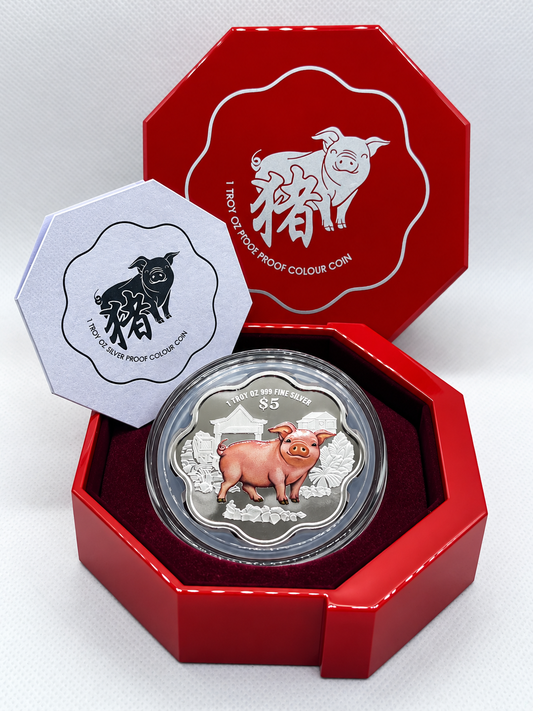 2019 Singapore - S$5 - 1 Oz - Year of the Pig – Floral Design