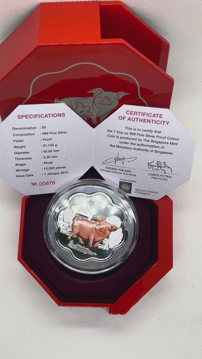 2019 Singapore - S$5 - 1 Oz - Year of the Pig – Floral Design