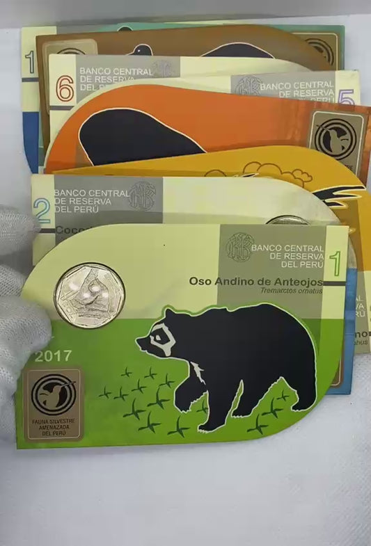 2017–2019 Peru - 1 Sol*10 Coins - “Endangered Wildlife of Peru” Coin Card Collection – Complete 10 Coin Set