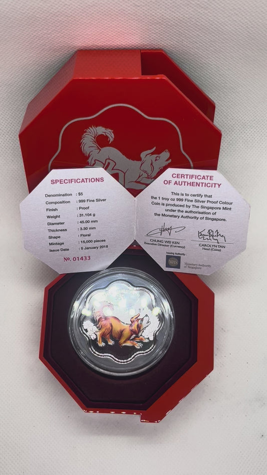 2018 Singapore - S$5 - 1 Oz - Year of the Dog – Floral Design