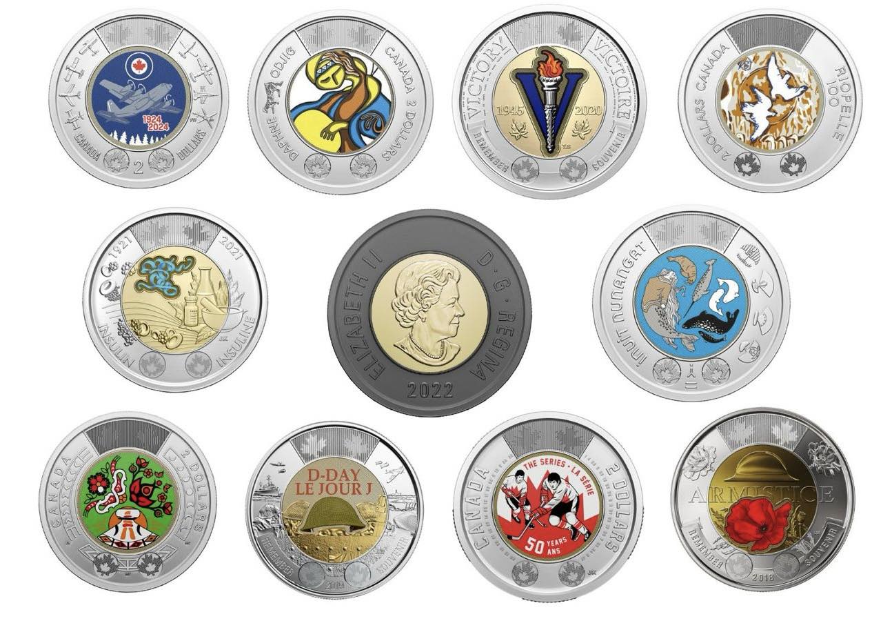 Canada Toonies ( 2 Dollars ) Colourized coins Set - $2 x 11 Coins