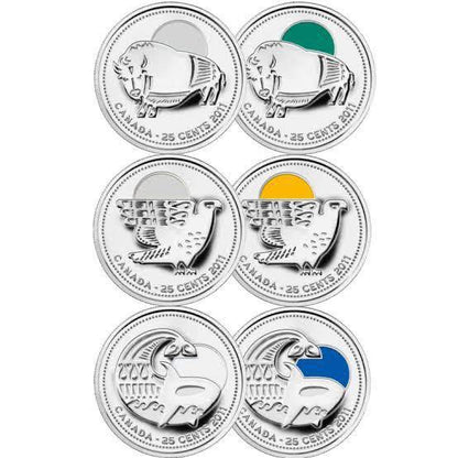 2011 Canada - 6 x 25 Cents - Legendary Nature – Complete Wildlife Set (Coloured + Uncoloured)