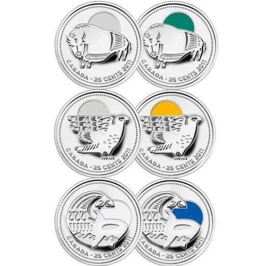 2011 Canada - 6 x 25 Cents - Legendary Nature – Complete Wildlife Set (Coloured + Uncoloured)
